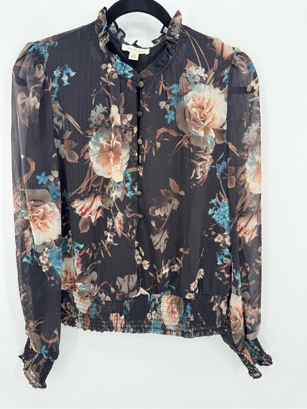 Tamara H Black Floral Sheer Smocked Ruffle Button Blouse L Cottagecore‎ Feminine - Picture 2 of 9